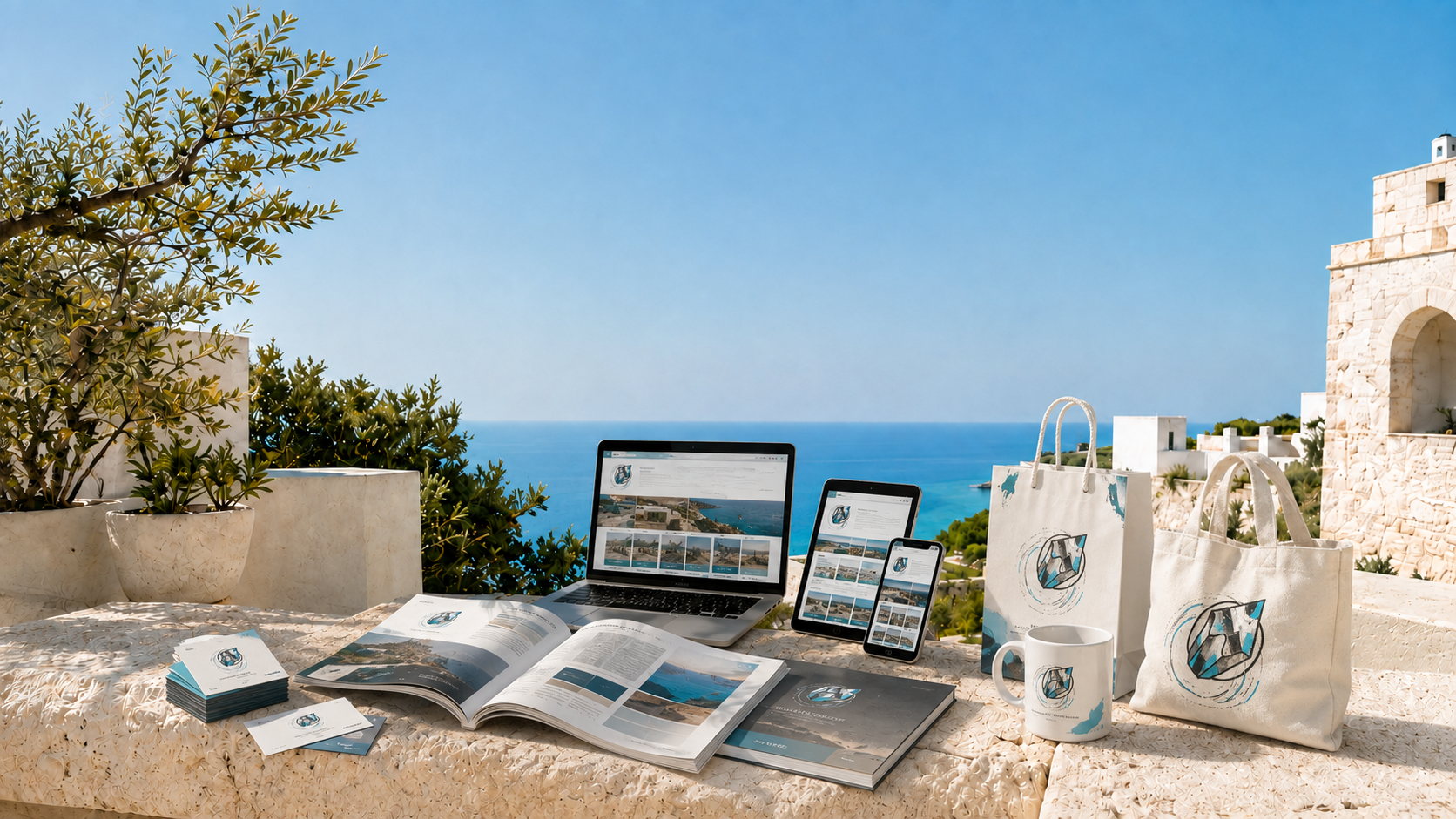 Progetti grafici, materiali stampati e dispositivi in un ambiente mediterraneo